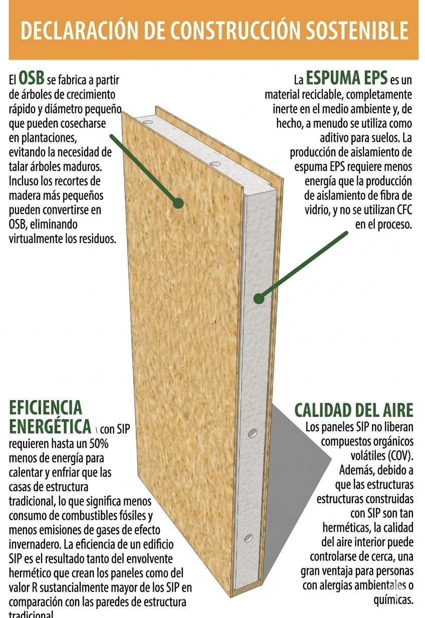Infografia del panel SIP mostrando composicion: tableros OSB exterior e interior con nucleo de espuma EPS, datos de eficiencia energetica y calidad del aire